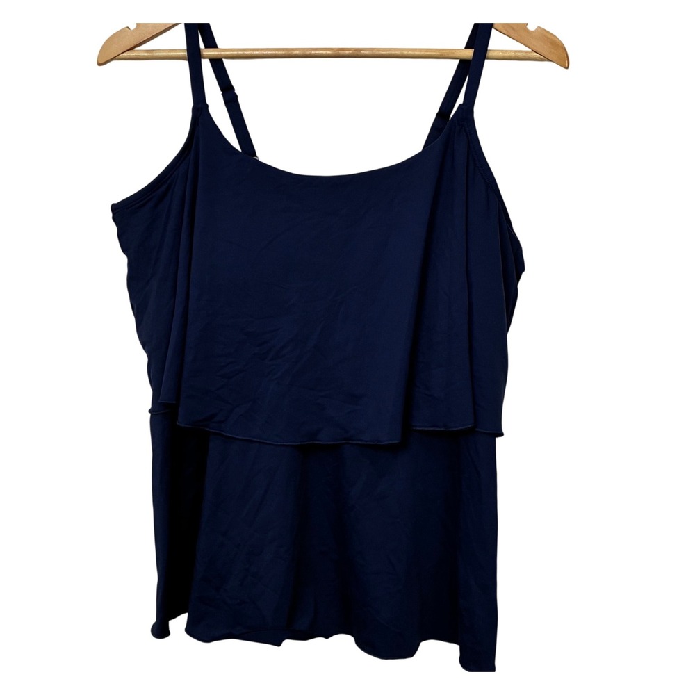 Lands End Women Navy Blue Tiered Ruffle Tankini Top Swimsuit 540249 Size L 14-16